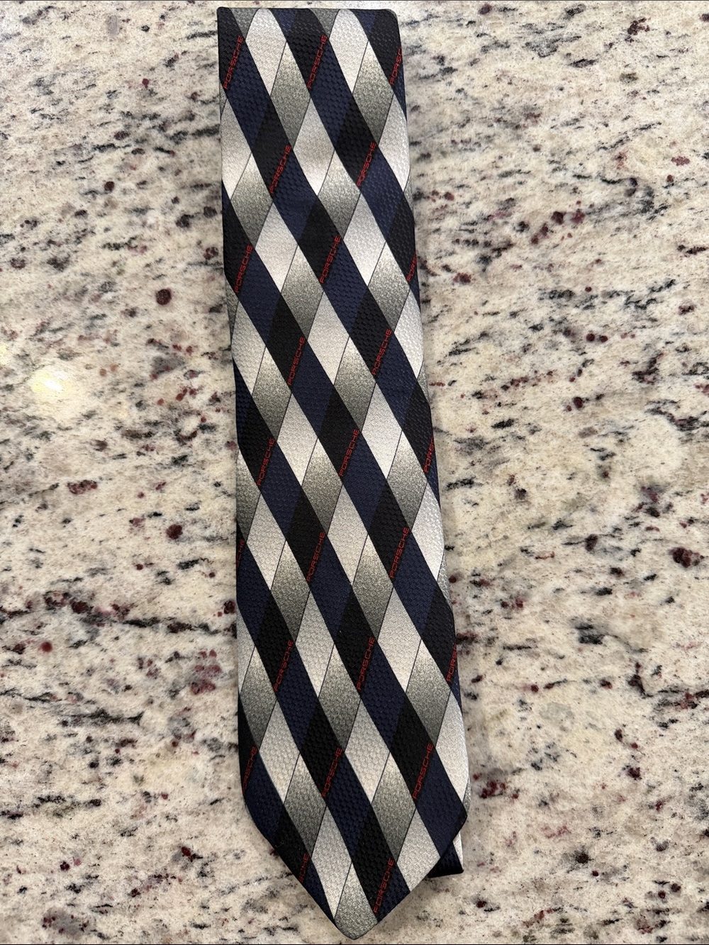 Porsche Design Diamond-Pattern Tie in Navy, Black, Silver with Red Stitching